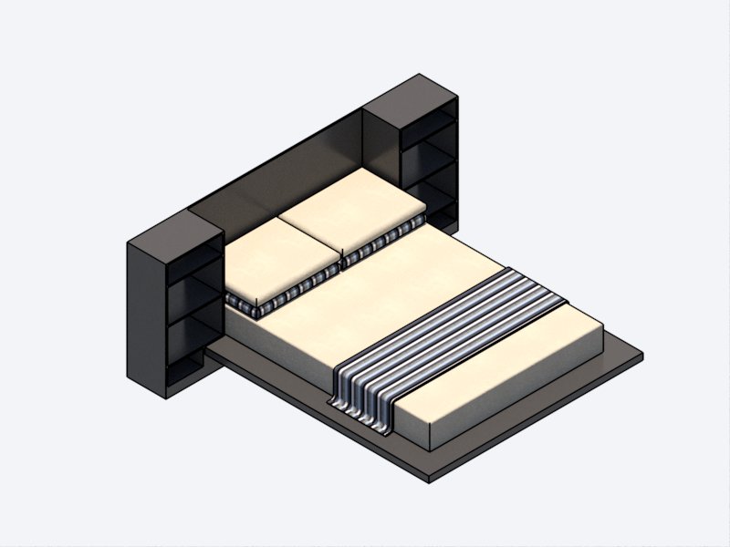 Familia de Cama Matrimonial para Revit, modelo RFA de mobiliario de dormitorio (LOD 300) con mesas de noche integradas para proyectos BIM.