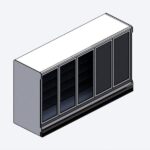 Render de equipamiento comercial de supermercado tipo congelador vertical de 5 puertas o refrigerador exhibidor de vidrio RFA paramétrico LOD 300 sobre fondo blanco.