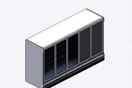 Render de equipamiento comercial de supermercado tipo congelador vertical de 5 puertas o refrigerador exhibidor de vidrio RFA paramétrico LOD 300 sobre fondo blanco.