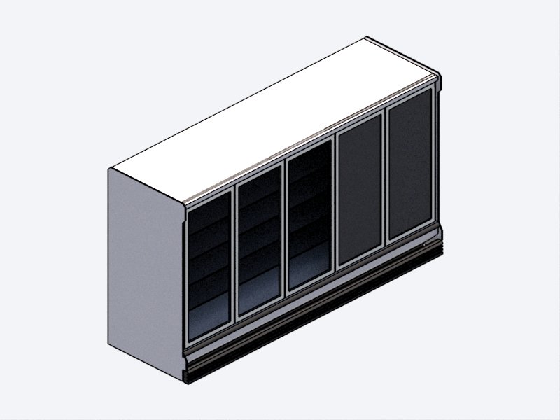 Render de equipamiento comercial de supermercado tipo congelador vertical de 5 puertas o refrigerador exhibidor de vidrio RFA paramétrico LOD 300 sobre fondo blanco.