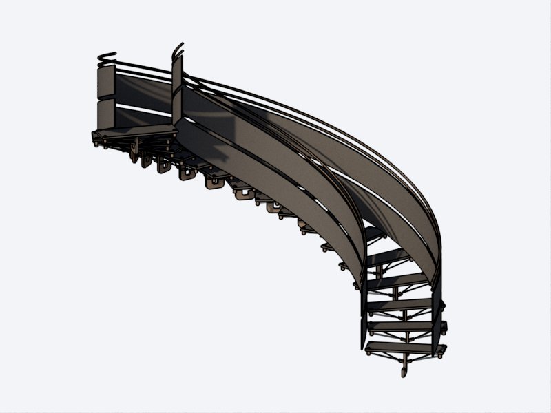 Escalera helicoidal para Revit de estructura metálica curva en vista isométrica 3D