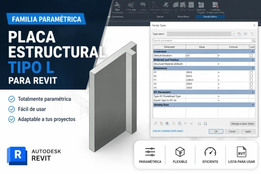 Placa estructural tipo L para Revit en concreto armado con tabla de parámetros dimensionales