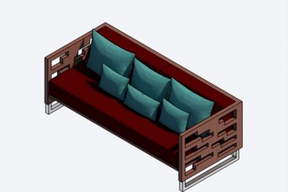Sofá de exterior para Revit con cojines turquesa y estructura de madera en vista isométrica 3D.