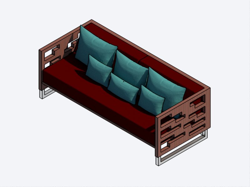 Sofá de exterior para Revit con cojines turquesa y estructura de madera en vista isométrica 3D.