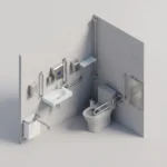 Vista 3D isométrica de kit completo de baño accesible ADA con barras de apoyo e inodoro en Revit