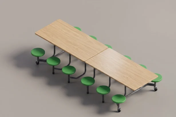 Vista 3D isométrica de la familia paramétrica de mesa de comedor escolar plegable en Autodesk Revit