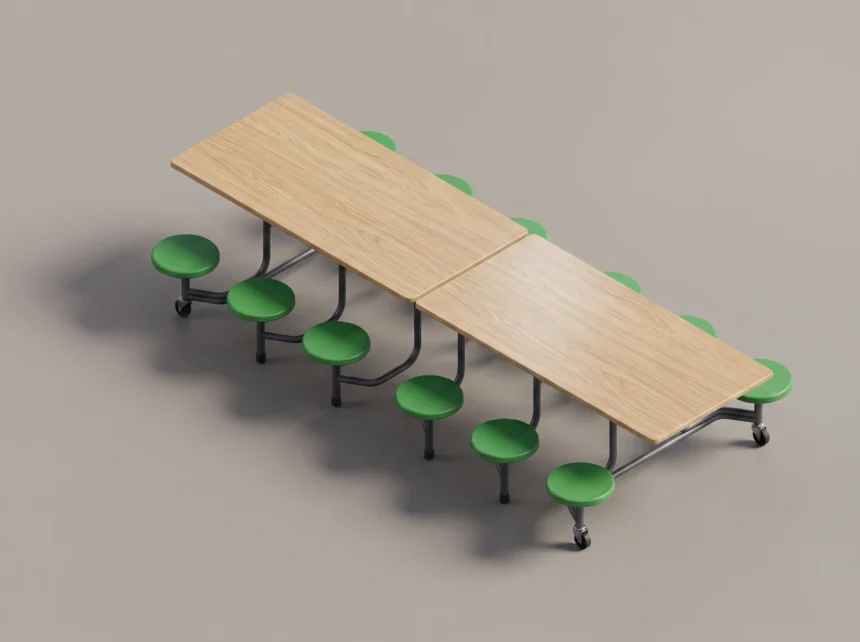 Vista 3D isométrica de la familia paramétrica de mesa de comedor escolar plegable en Autodesk Revit