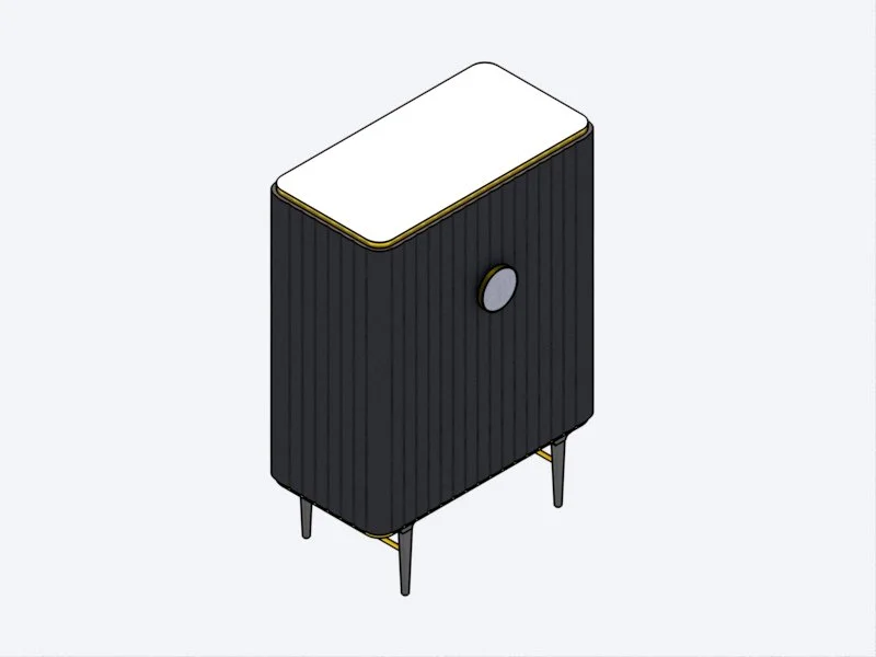 Mueble bar Juneau para Revit de estilo acanalado gris con patas de madera en vista isométrica 3D
