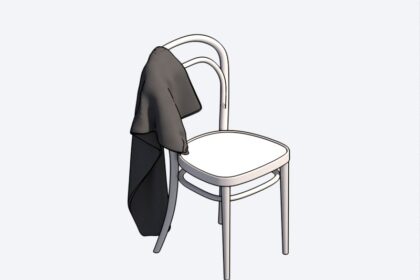 Silla de madera curvada estilo Thonet para Revit con un saco colgado en el respaldo en vista isométrica 3D.