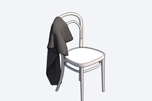 Silla de madera curvada estilo Thonet para Revit con un saco colgado en el respaldo en vista isométrica 3D.