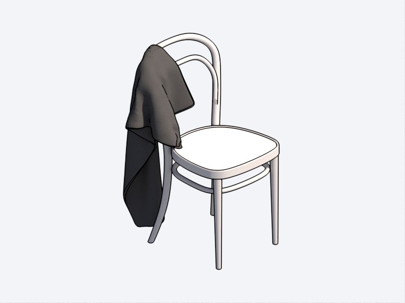 Silla de madera curvada estilo Thonet para Revit con un saco colgado en el respaldo en vista isométrica 3D.