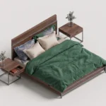 Render 3D isometrico de cama doble revit vestida con edredon verde y almohadas