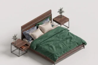 Render 3D isometrico de cama doble revit vestida con edredon verde y almohadas