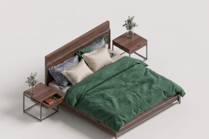 Render 3D isometrico de cama doble revit vestida con edredon verde y almohadas