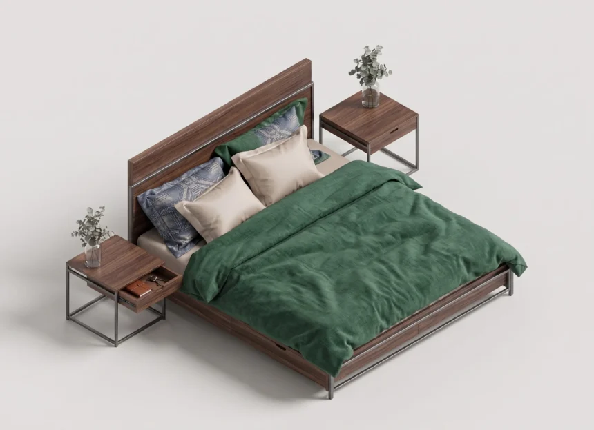 Render 3D isometrico de cama doble revit vestida con edredon verde y almohadas
