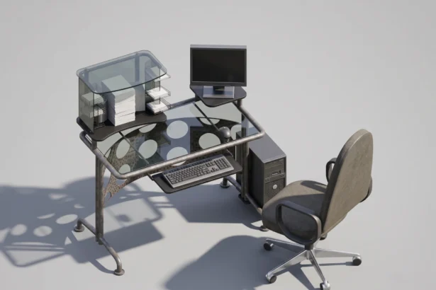 Render 3D isometrico de escritorio para computadora revit completo con monitor y CPU