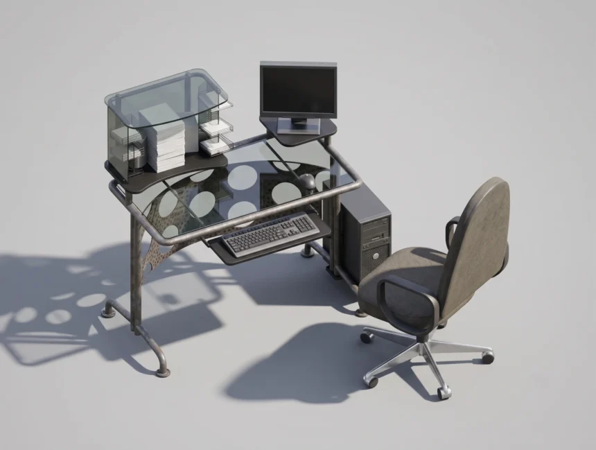 Render 3D isometrico de escritorio para computadora revit completo con monitor y CPU