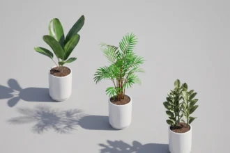 Render 3D isometrico de plantas de interior revit en macetas cilindricas para ambientacion