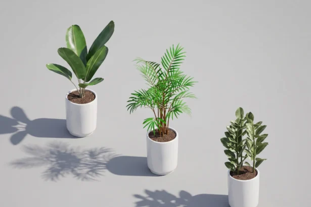 Render 3D isometrico de plantas de interior revit en macetas cilindricas para ambientacion