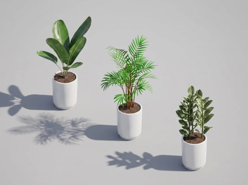 Render 3D isometrico de plantas de interior revit en macetas cilindricas para ambientacion
