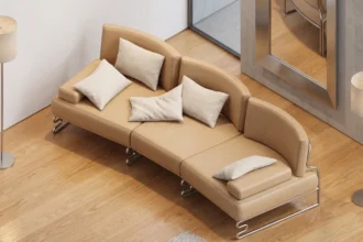 Vista 3D isometrica de sofa modular revit de tres secciones con cojines decorativos