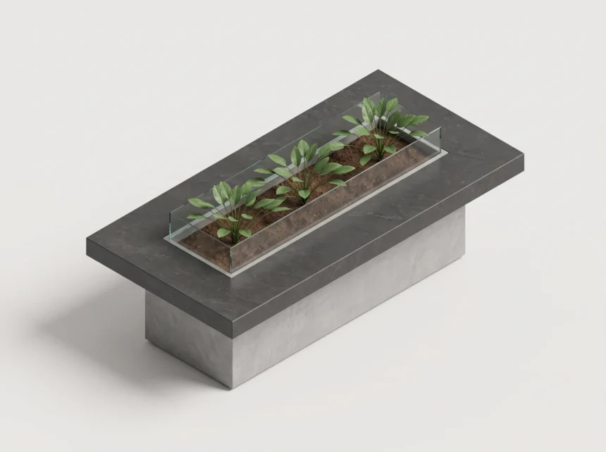 Vista renderizada sombreado perspectiva 3d paisajismo comercial macetero a medida familia revit jardinera hormigon.