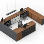 Vista renderizada sombreado perspectiva 3d lugar de trabajo plano abierto corporativo mobiliario a medida familia revit estacion de trabajo en u.
