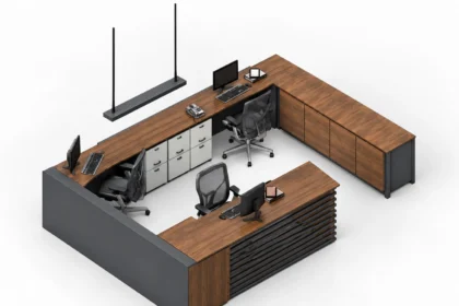 Vista renderizada sombreado perspectiva 3d lugar de trabajo plano abierto corporativo mobiliario a medida familia revit estacion de trabajo en u.