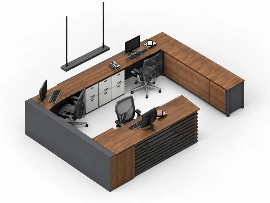 Vista renderizada sombreado perspectiva 3d lugar de trabajo plano abierto corporativo mobiliario a medida familia revit estacion de trabajo en u.